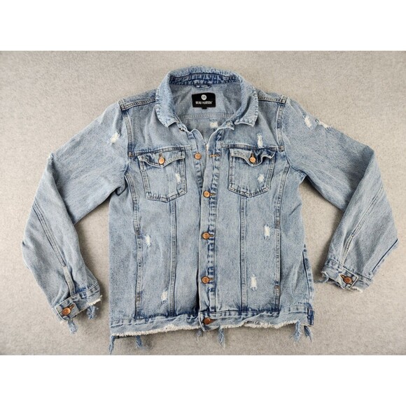 Beau‎ Hudson Men's Medium Light Blue Distressed Button Up Denim Jean Jacket Coat - Picture 1 of 14